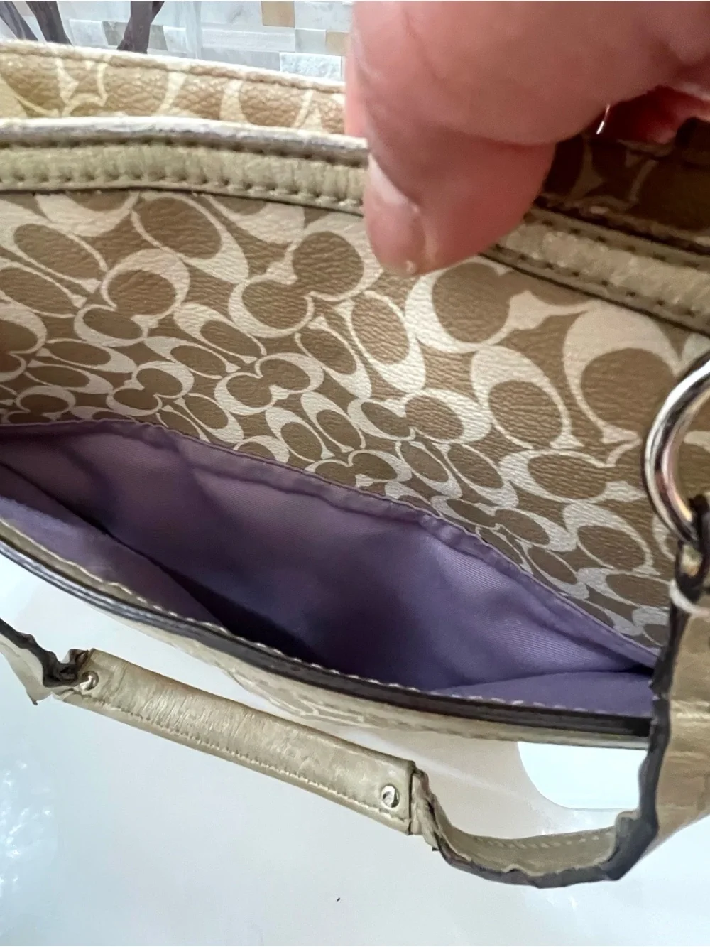 Coach Beige Signature Stripe Tote with Gold Trim